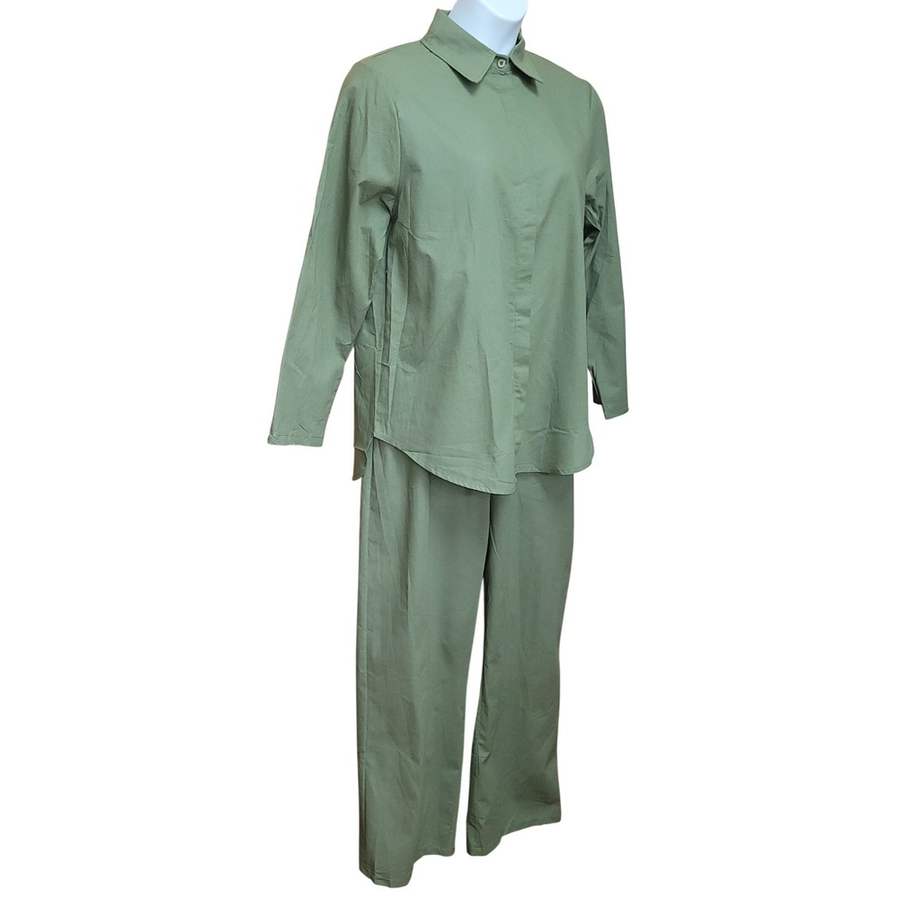 Chic 100% Cotton 2Pc Button-Up Shirt‎ Elastic Waist Pants Sage Boho Resort 2XL - Picture 3 of 10